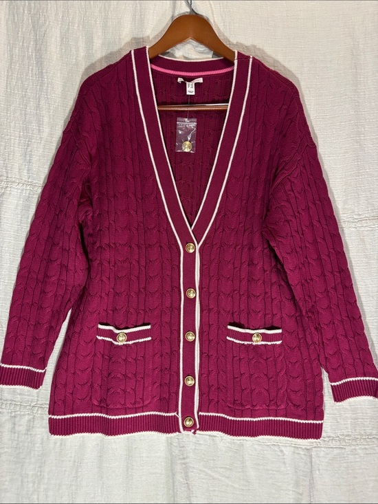 Isaac Mizrahi Sweaters - Isaac Mizrahi Fuchsia Cable-Knit Cardigan with White Trim